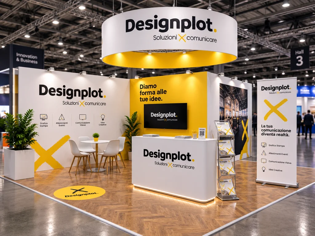 Stand fieristico personalizzato Designplot con backdrop, roll-up, desk promozionale e grafiche espositive